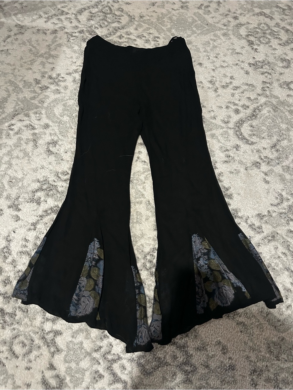 90s vintage Flare Bell Bottom Ana Sui Floral Sheer Black Pants size 10